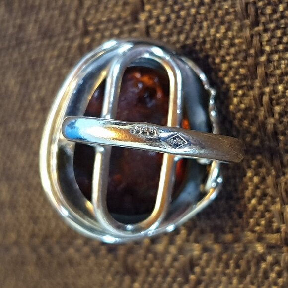 Vintage Cognac Baltic Amber Sterling Silver Art Nouveau–Inspired Floral Ring - Picture 12 of 16